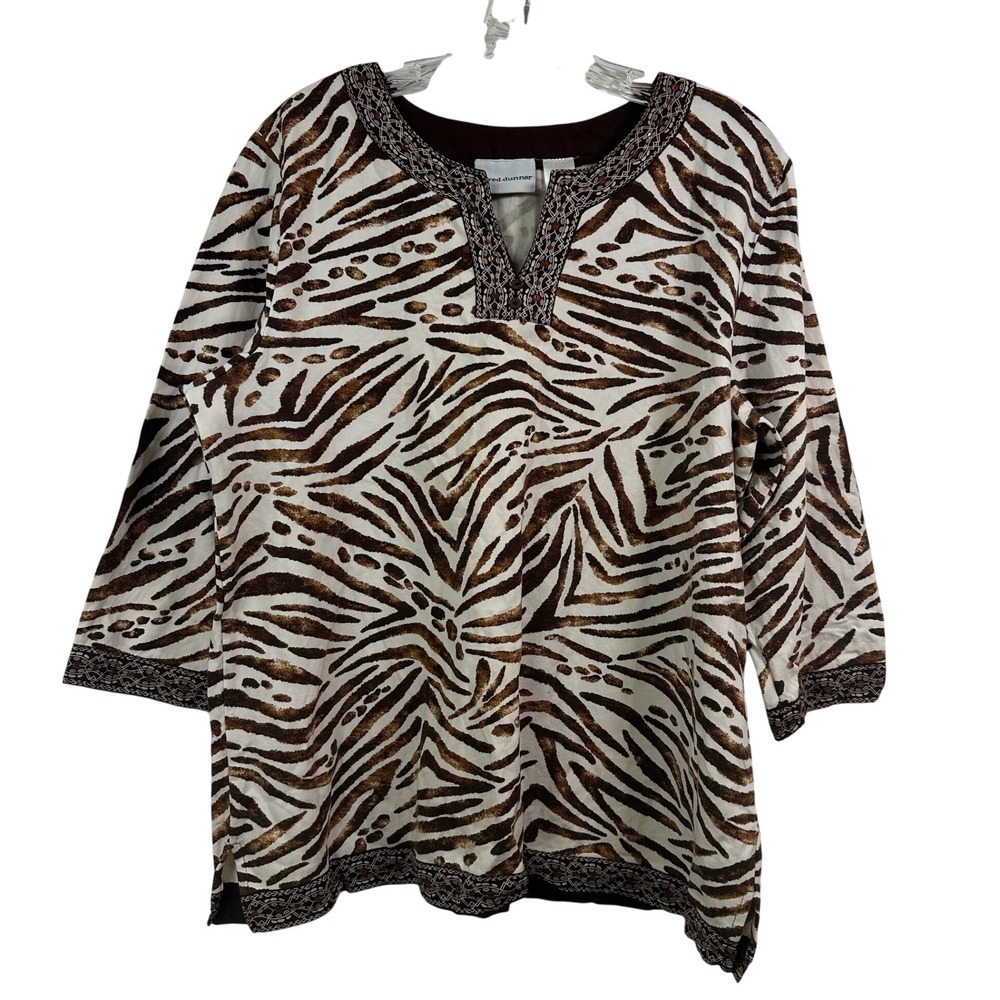 Alfred Dunner Zebra Print Split Neck Top Brown Cream Embroidered Sequin Large